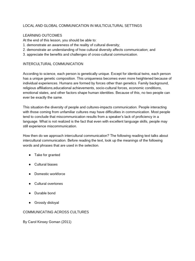 Local and Global Communication in Multicultural Settings | PDF ...