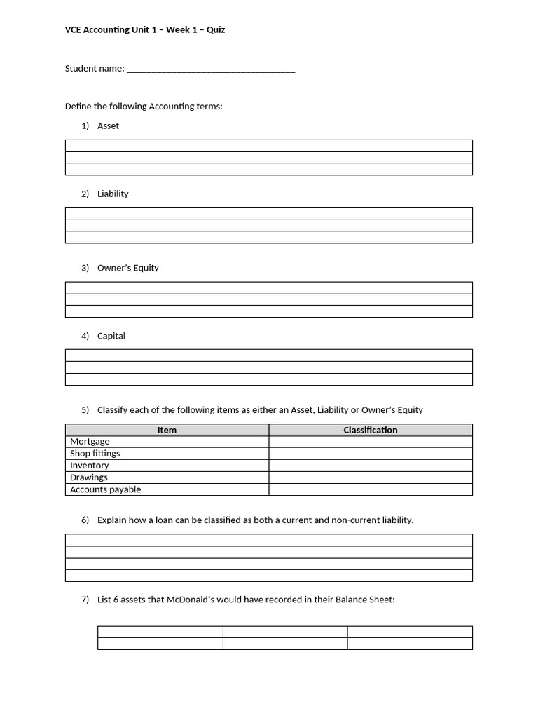VCE Accounting Unit 1 Week 1 Quiz | PDF