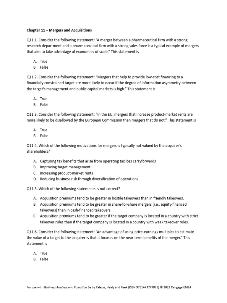 Chapter 11 Test Bank Questions | PDF | Takeover | Mergers And Acquisitions