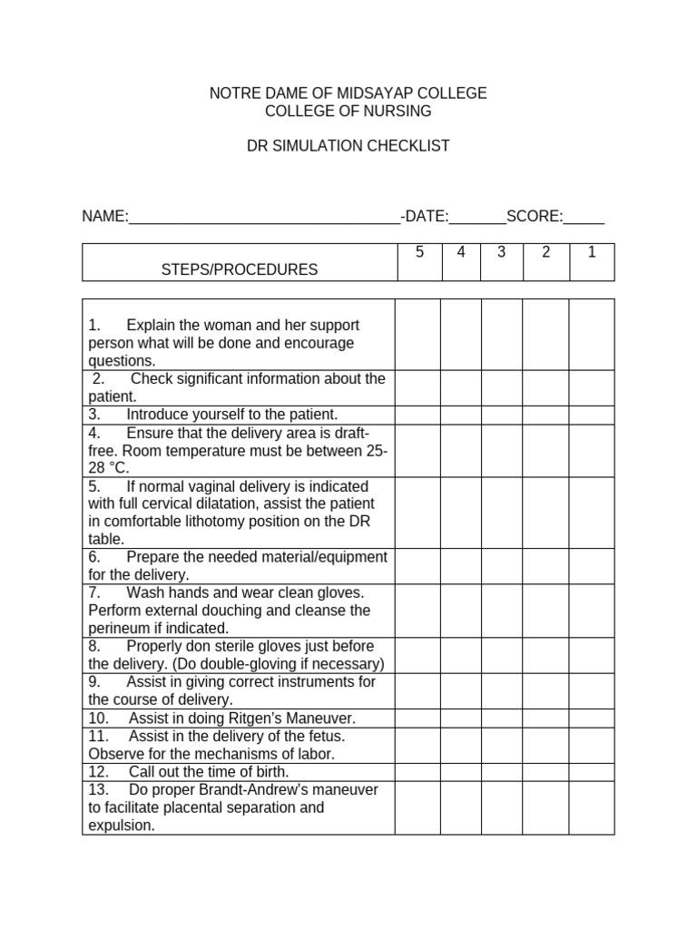 Dr Simulation Checklist | PDF | Childbirth | Injection (Medicine)
