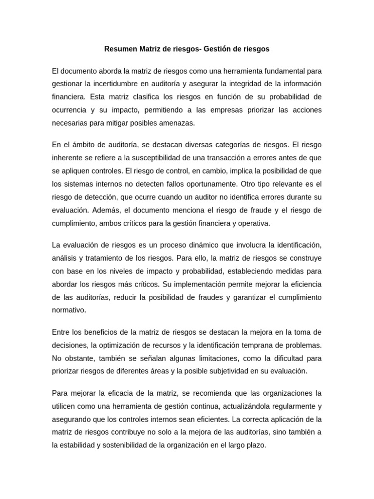 Matriz de Riesgos en Auditoría Financiera | PDF