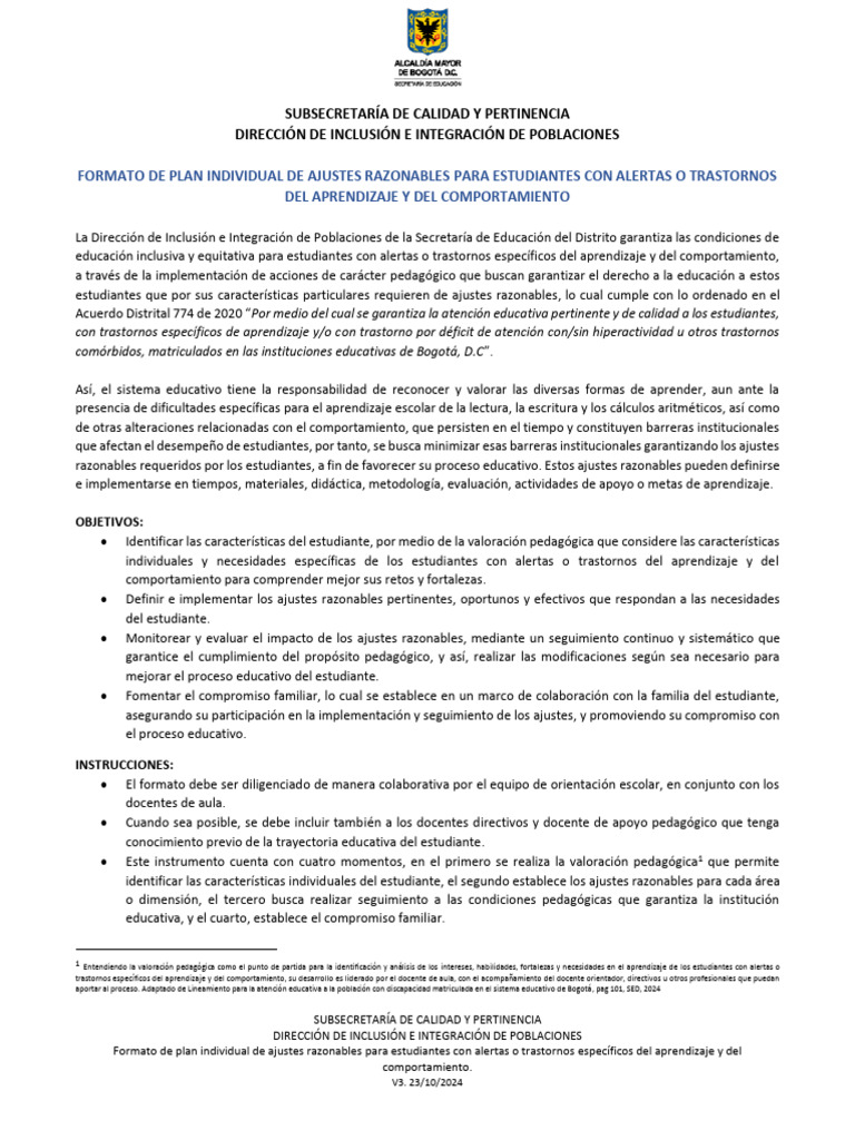 Formato de Plan de Ajustes Razonables | PDF | Aprendizaje | Inclusión ...
