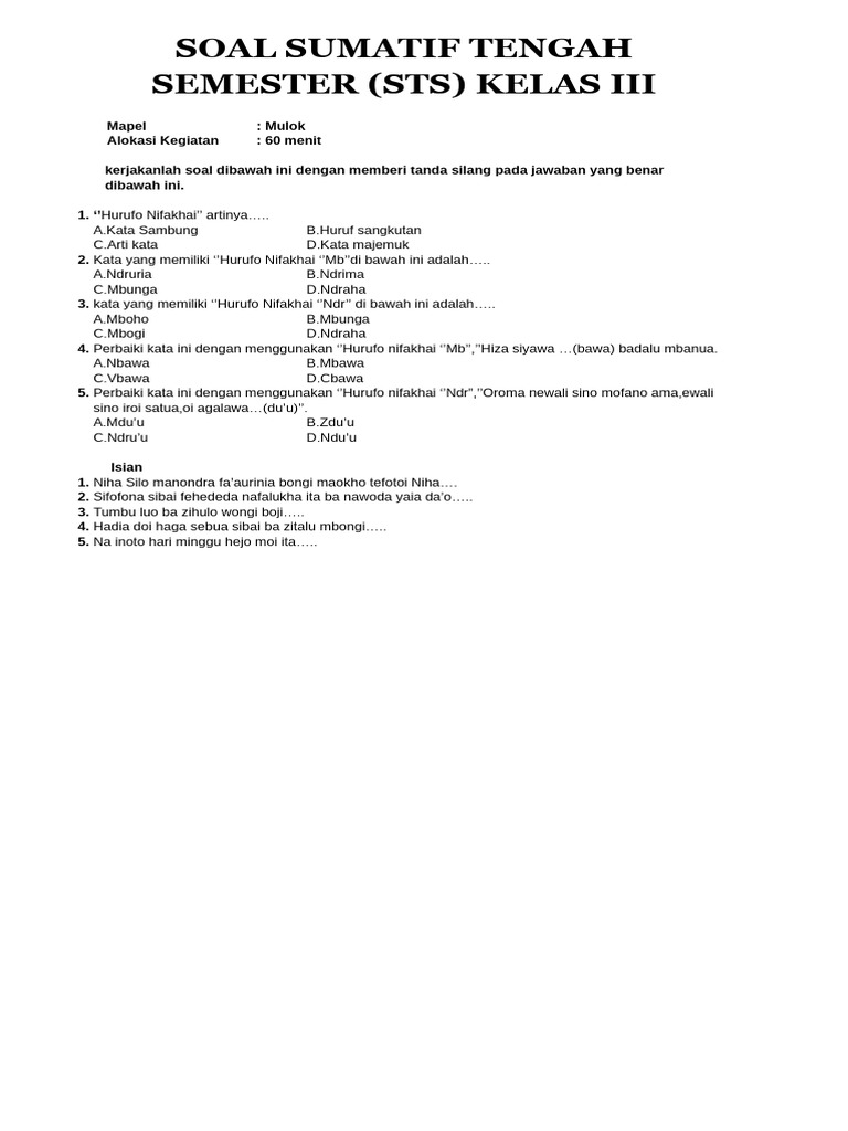 Pengertian Zihulo dalam Soal STS Kelas III | PDF