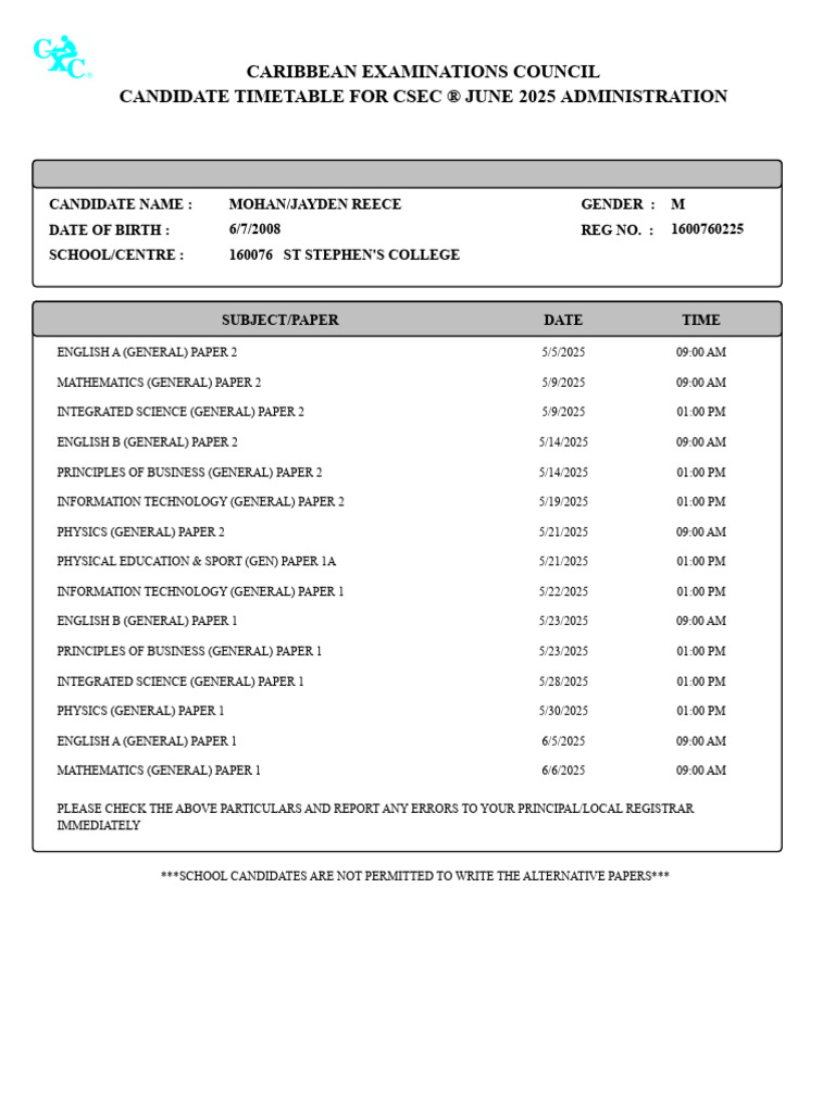 CSEC June 2025 Candidate Timetable | PDF