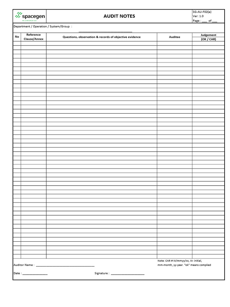 SG-AU-F02 (A) Audit Notes++ | PDF