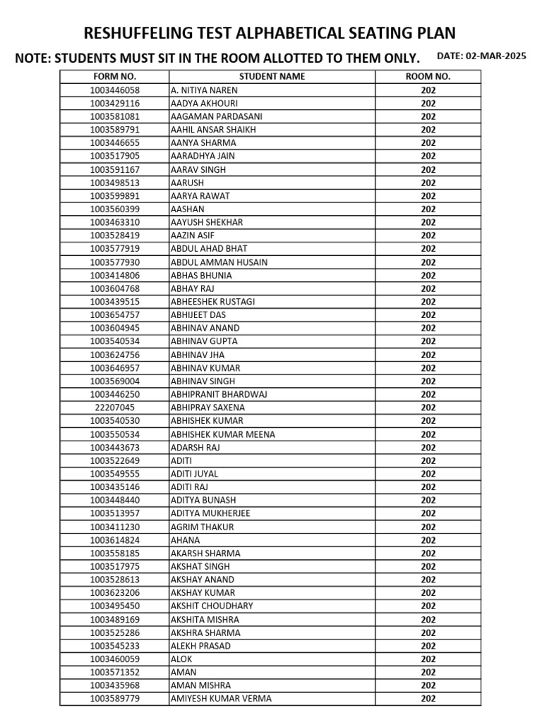 2025 Reshuffling Test Seating Plan | PDF