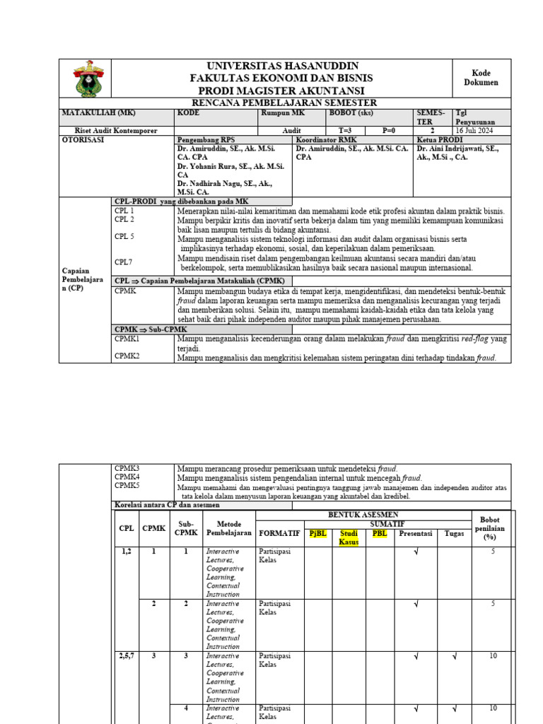 Rencana Pembelajaran Riset Audit Kontemporer | PDF