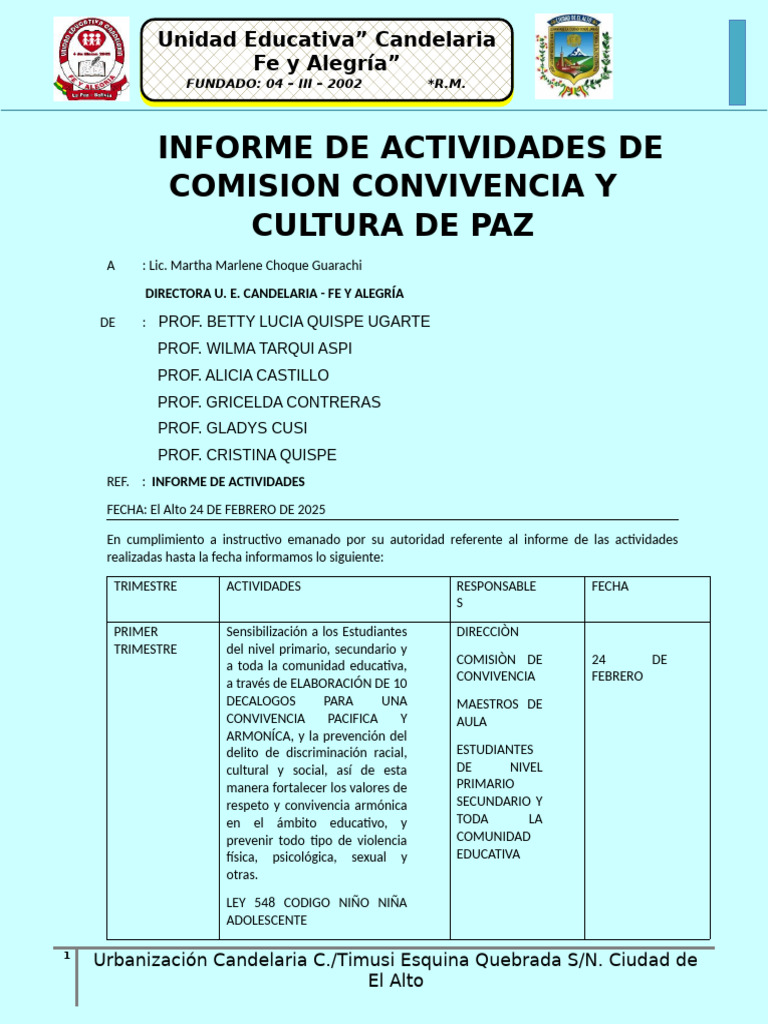 Informe de Actividades de Convivencia Escolar | PDF | Justicia | Crimen ...