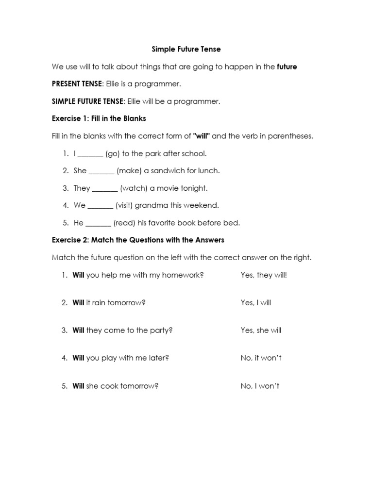 Simple Future Tense Exercises | PDF | Linguistic Morphology | Syntax