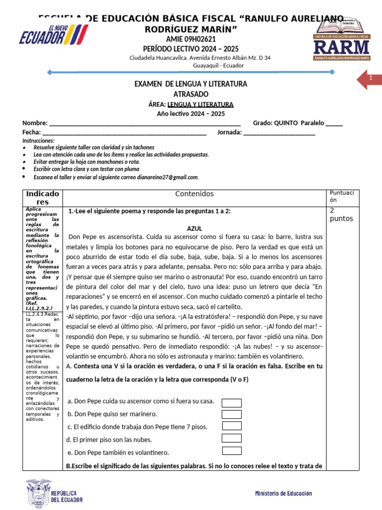 Examen de Lengua y Literatura 5to Grado | PDF | Comunicación humana ...