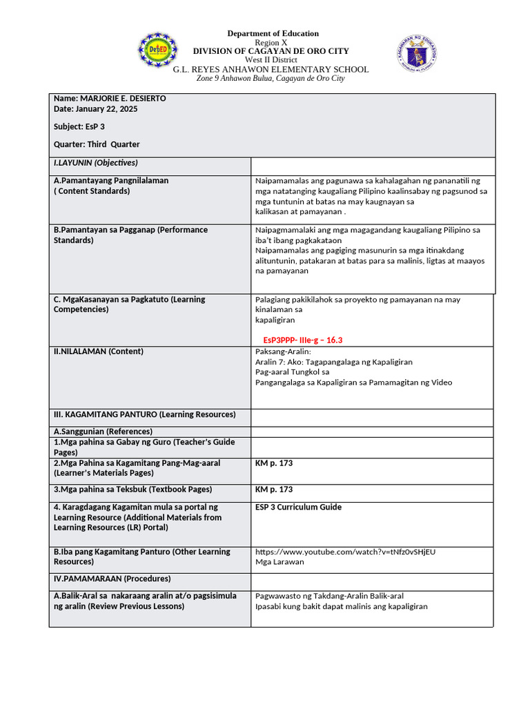 COT 1. Esp 3rd | PDF