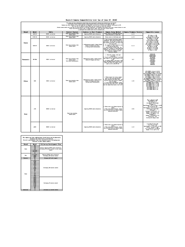 DJI Ronin-S Camera Compatibility List | PDF | Optical Devices ...