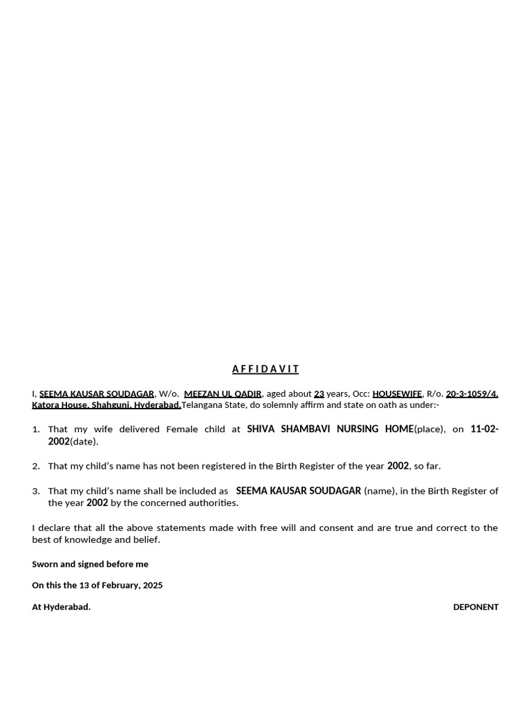 Child Name Inclusion Affidavit | PDF