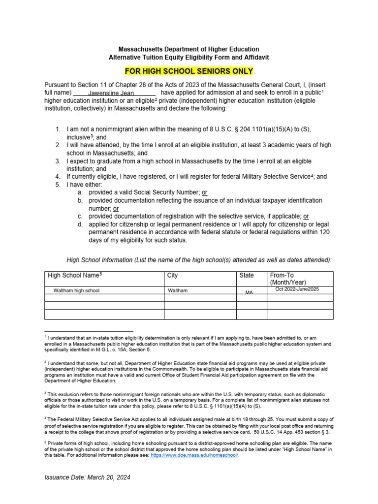 Massachusetts Tuition Equity Form | PDF | General Educational ...