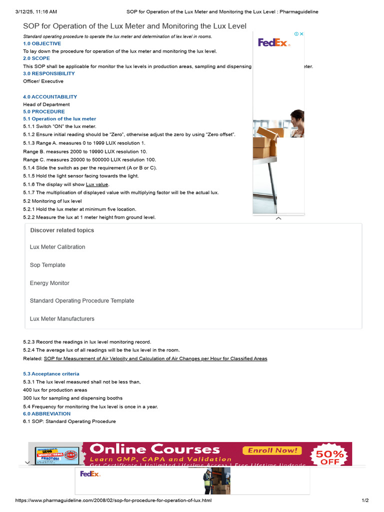 Lux Meter SOP for Pharmaceutical Use | PDF | Metre | Quantity