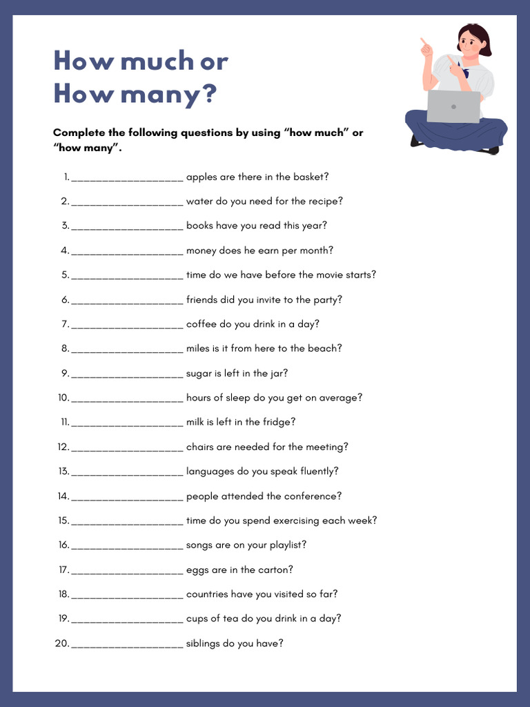 How Much or How Many Worksheet in Blue and White Illustrative Style | PDF