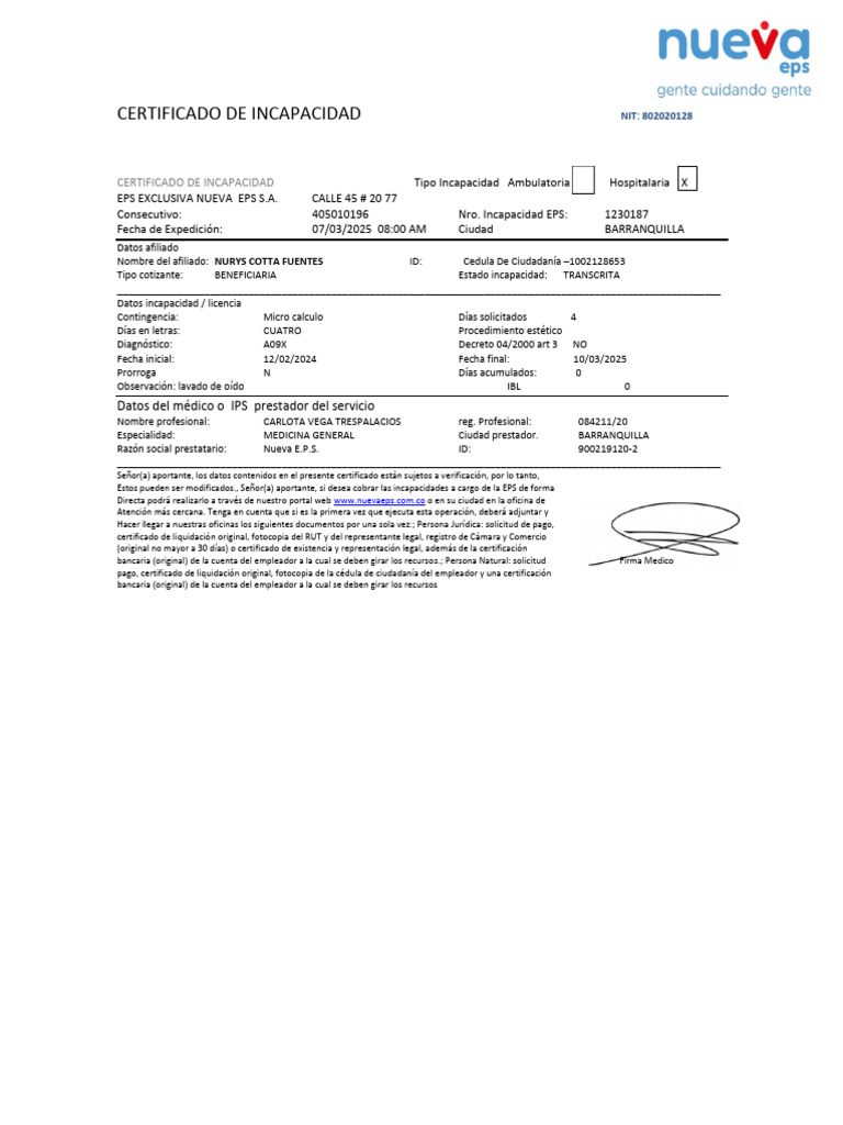 Certificado de Incapacidad Nueva EPS | PDF