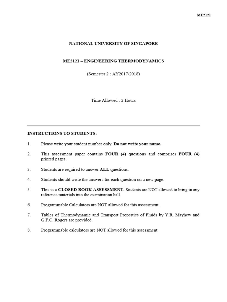 ME2121 Engineering Thermodynamics Exam | PDF | Heat | Temperature