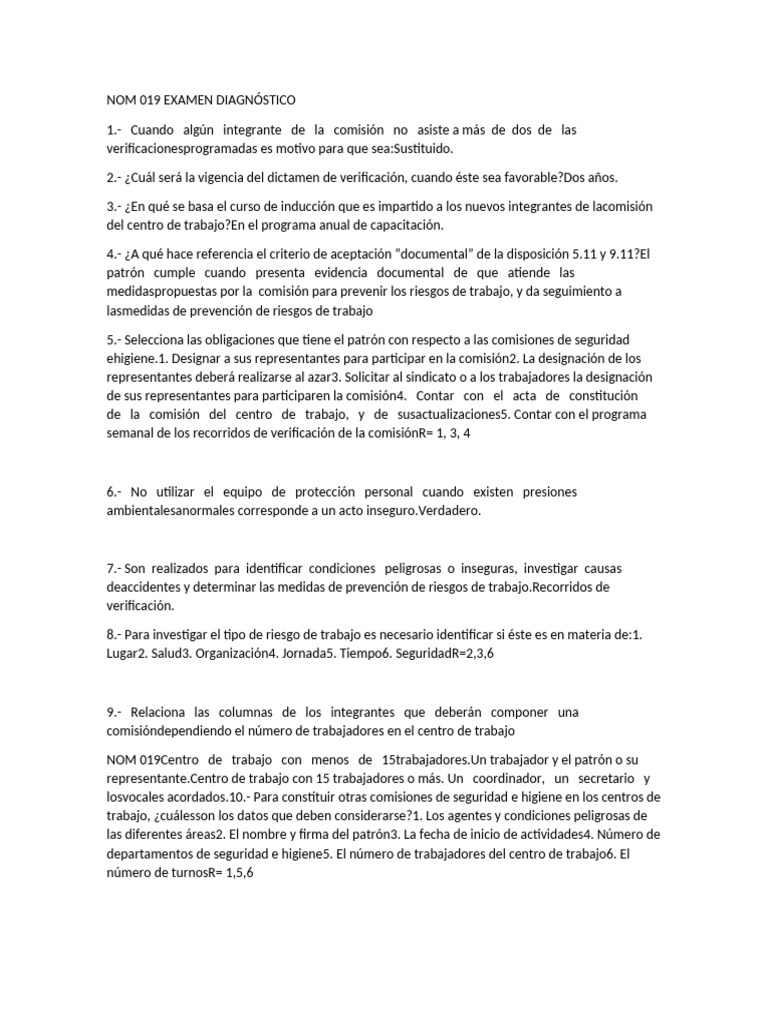 Examen Diagnóstico NOM 019 Seguridad Laboral | PDF