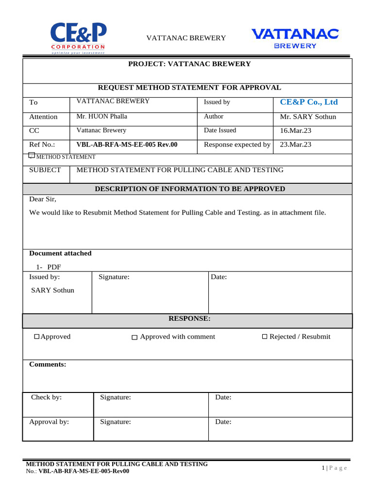 005 Vbl Ab Rfa Ms Ee 005 Method Statement for Pulling Cable And | PDF ...