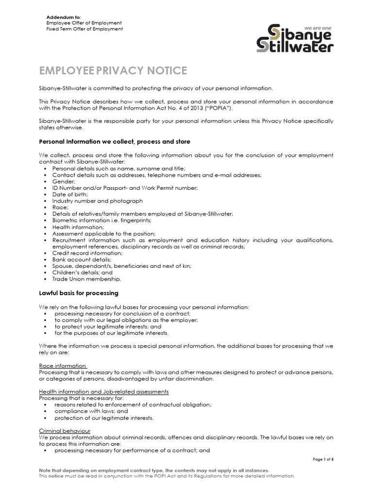 Employee Privacy Notice Overview | PDF | Employment | Regulatory Compliance