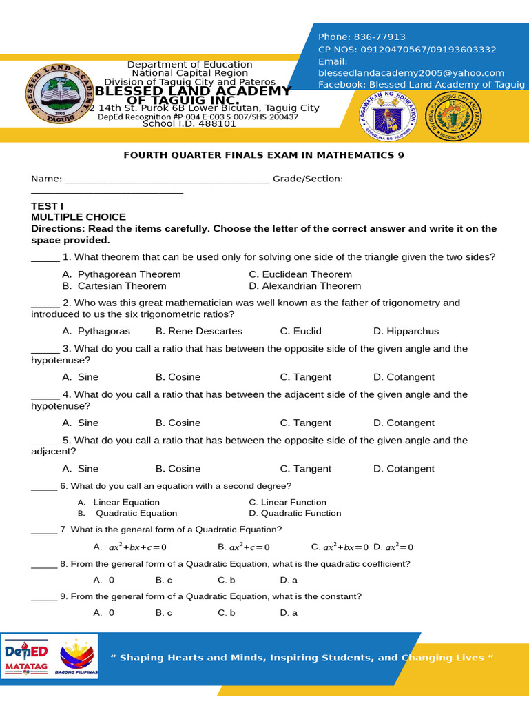 FOURTH FINALS Grade 9 Math - Copy - Copy - Copy - 015614 | PDF ...