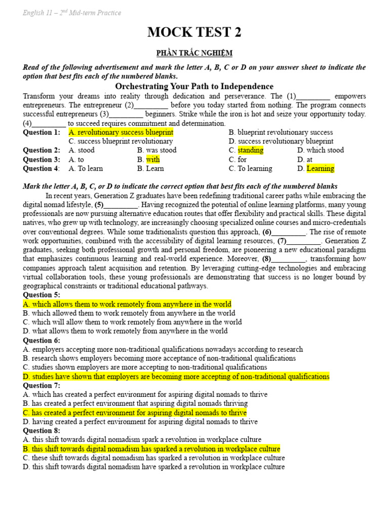 English 11 Mid-term Practice Test | PDF | Academic Degree | Diploma