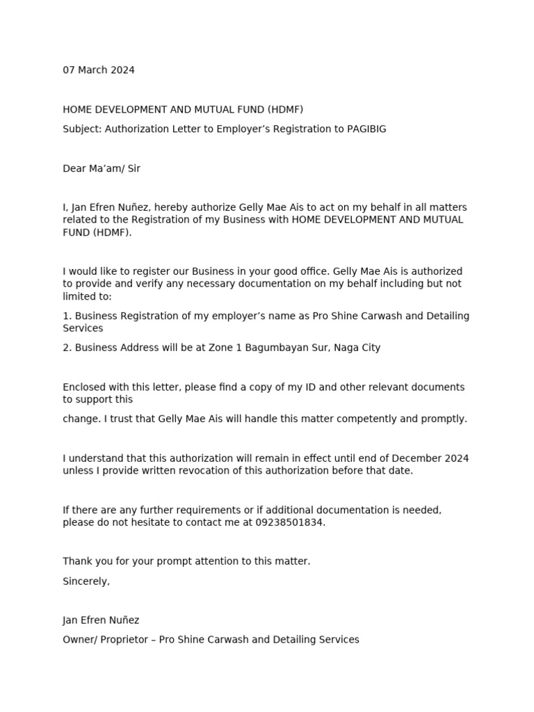 Authorization Letter - Pagibig-Nunez | PDF