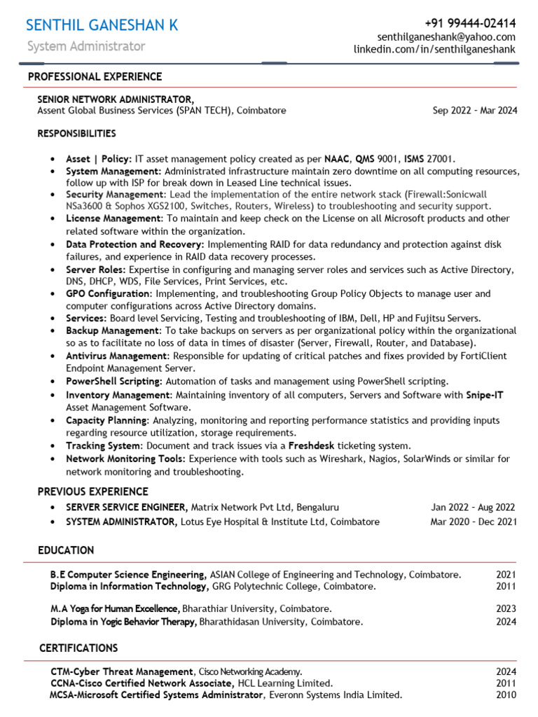 Networking and System Administrator CV | PDF | Computer Network ...