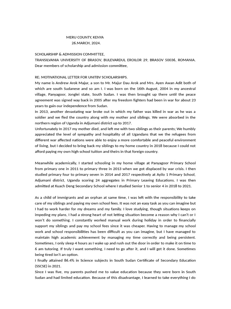 Re Motivational Letter For Unitbv Scholarships. | PDF | Computer ...