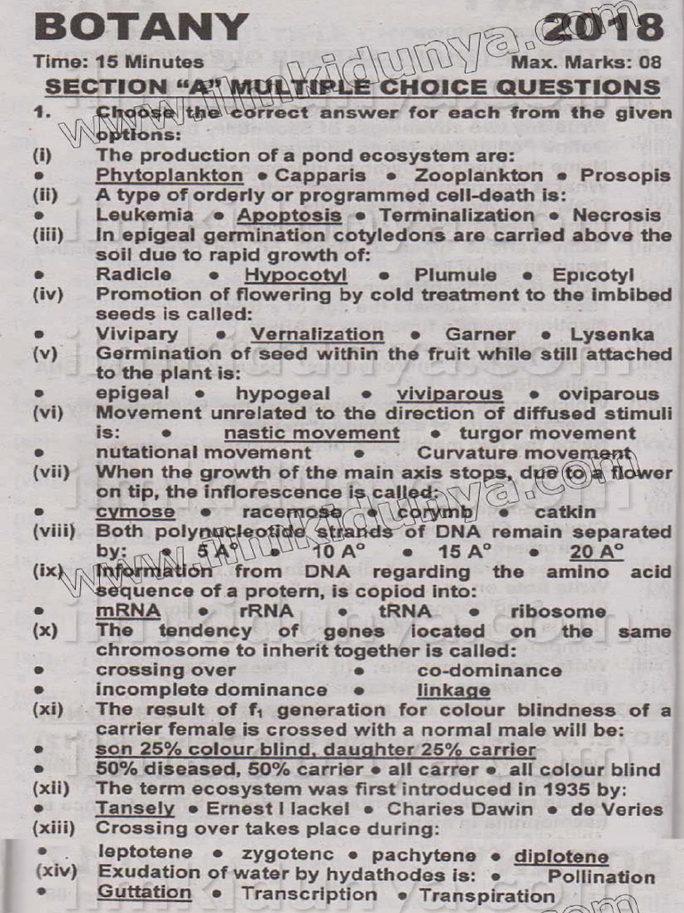 Past Paper 2018 Karachi Board Inter Part II Botany Objective English ...