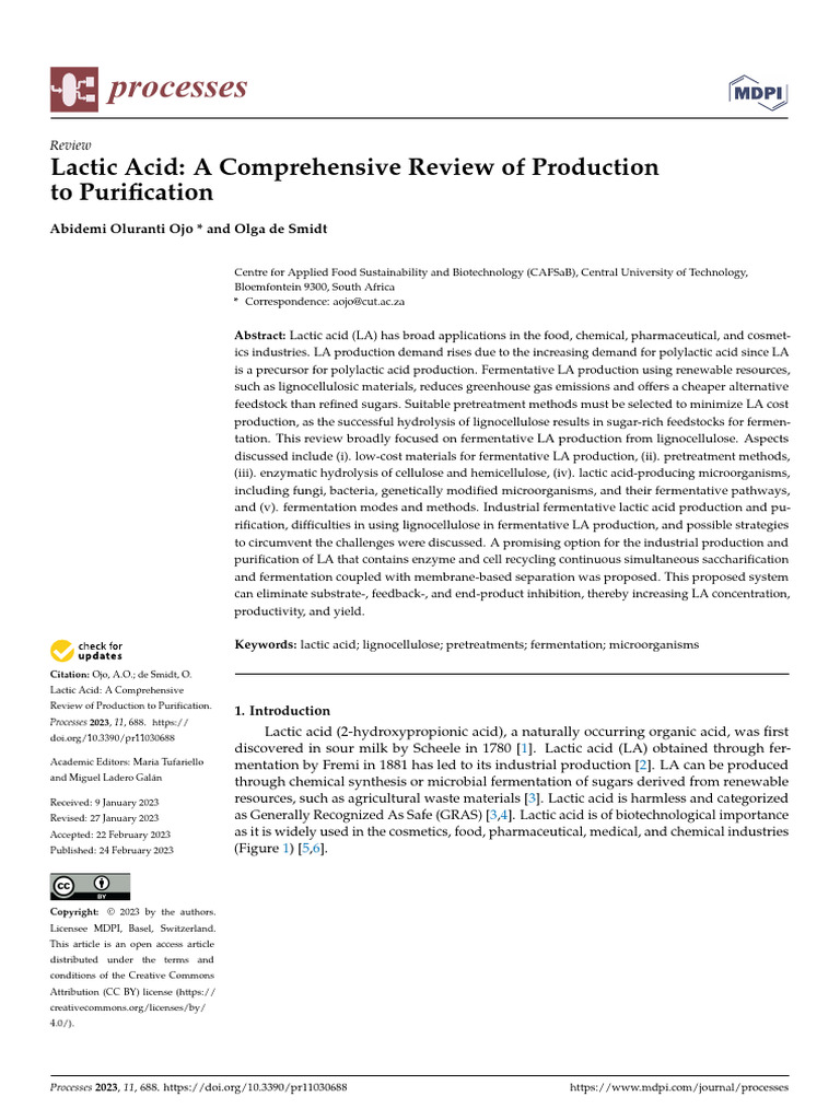 Processes 11 00688 v2 | PDF | Lactic Acid | Fermentation