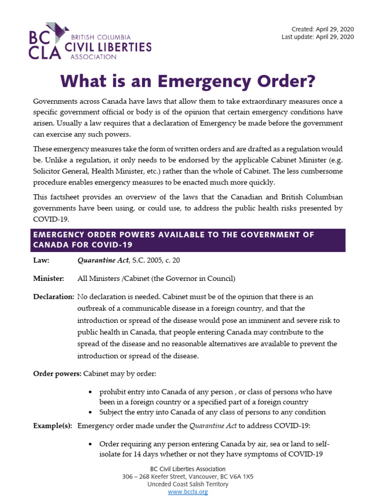 Canada, BC State of Emergency Powers | PDF | State Of Emergency | Emergency