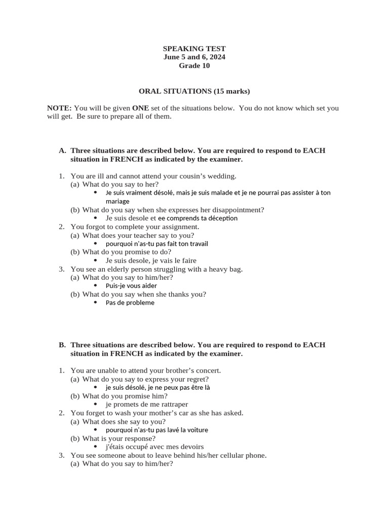 Test de conversation en français | PDF | Cuisine