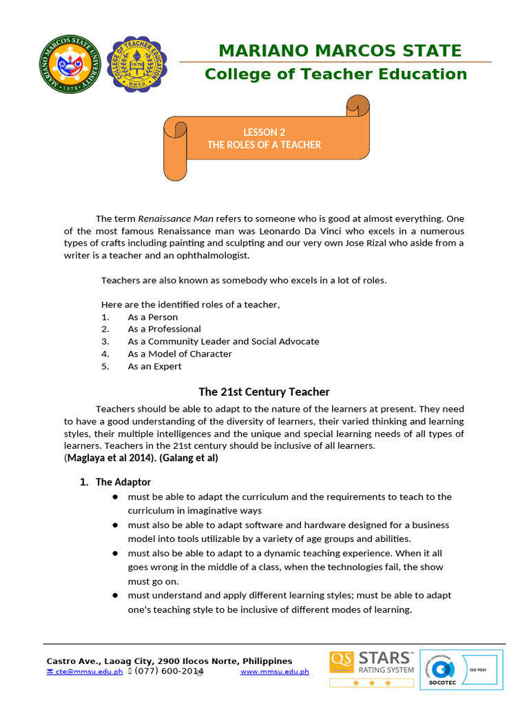 Roles of a 21st Century Teacher | PDF | Learning | Reflective Practice