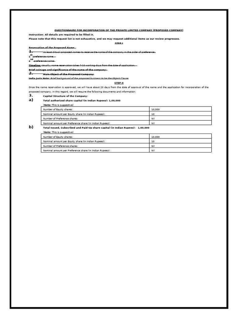 Private Limited Company Incorporation Questionnaire | PDF
