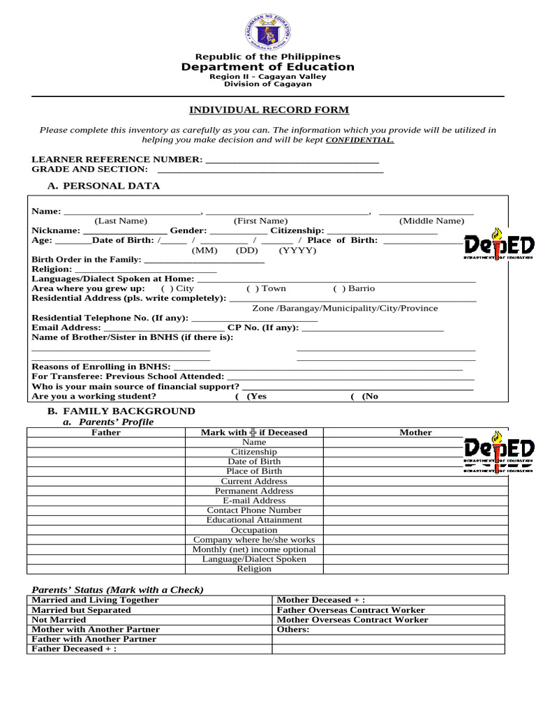 Cagayan Valley Student Record Form | PDF