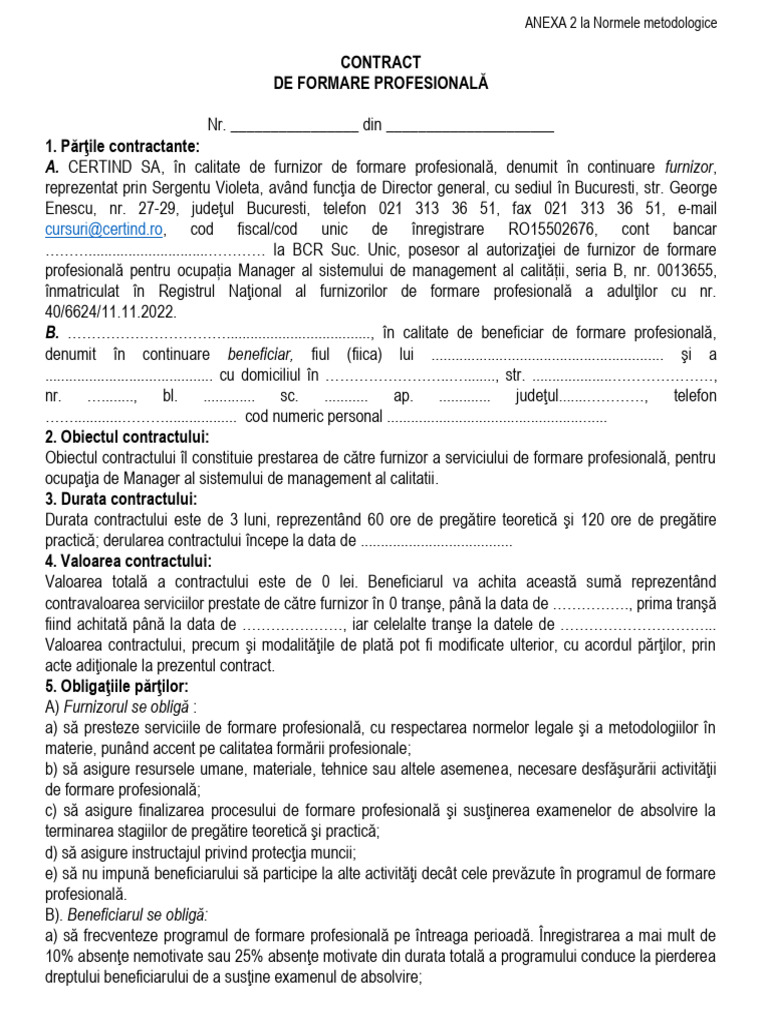 Contract Formare Profesionala | PDF