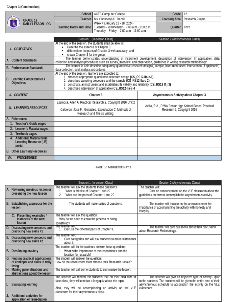 Research Project (Q3 - W4) - Chapter 3 | PDF | Methodology | Teachers