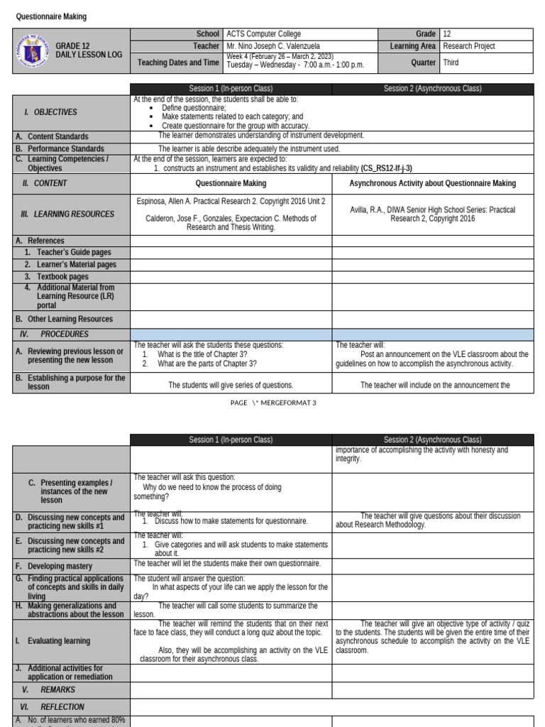 Research Project (Q3 - W4) - Questionnaire - Ninyo | PDF | Teachers ...