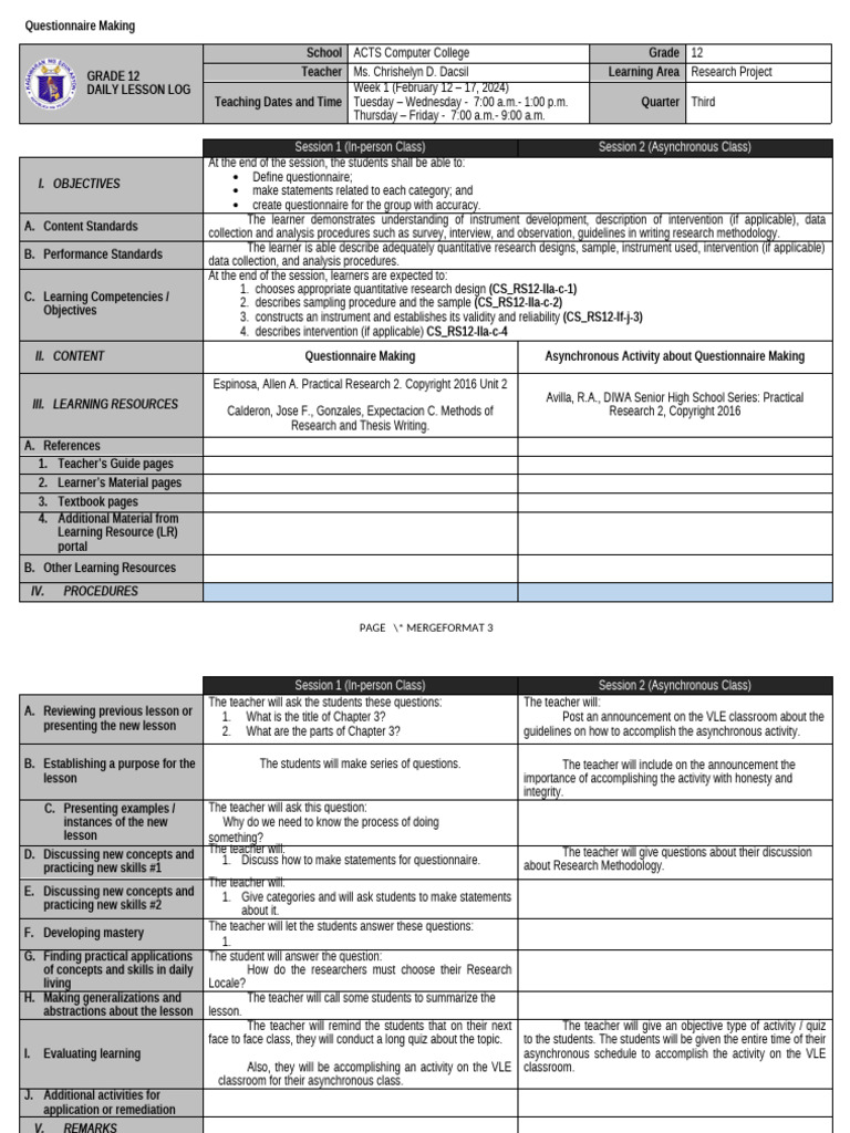 Research Project (Q3 - W1) - Chapter 3 | PDF | Methodology | Teachers