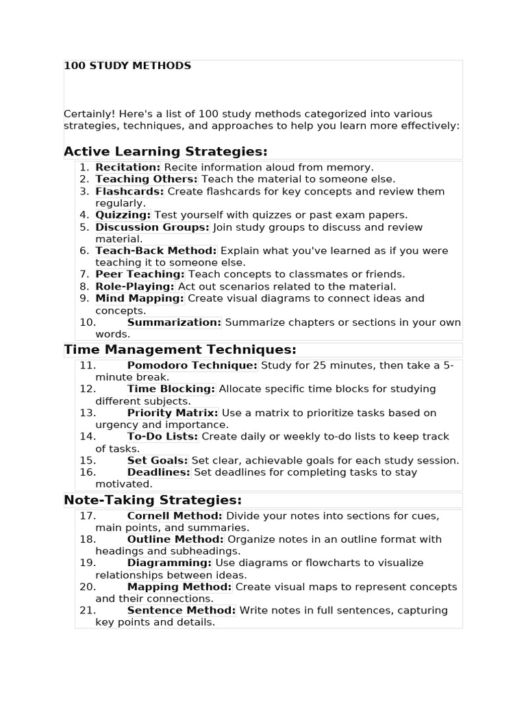100 Effective Study Methods | PDF | Professional Skills | Time Management
