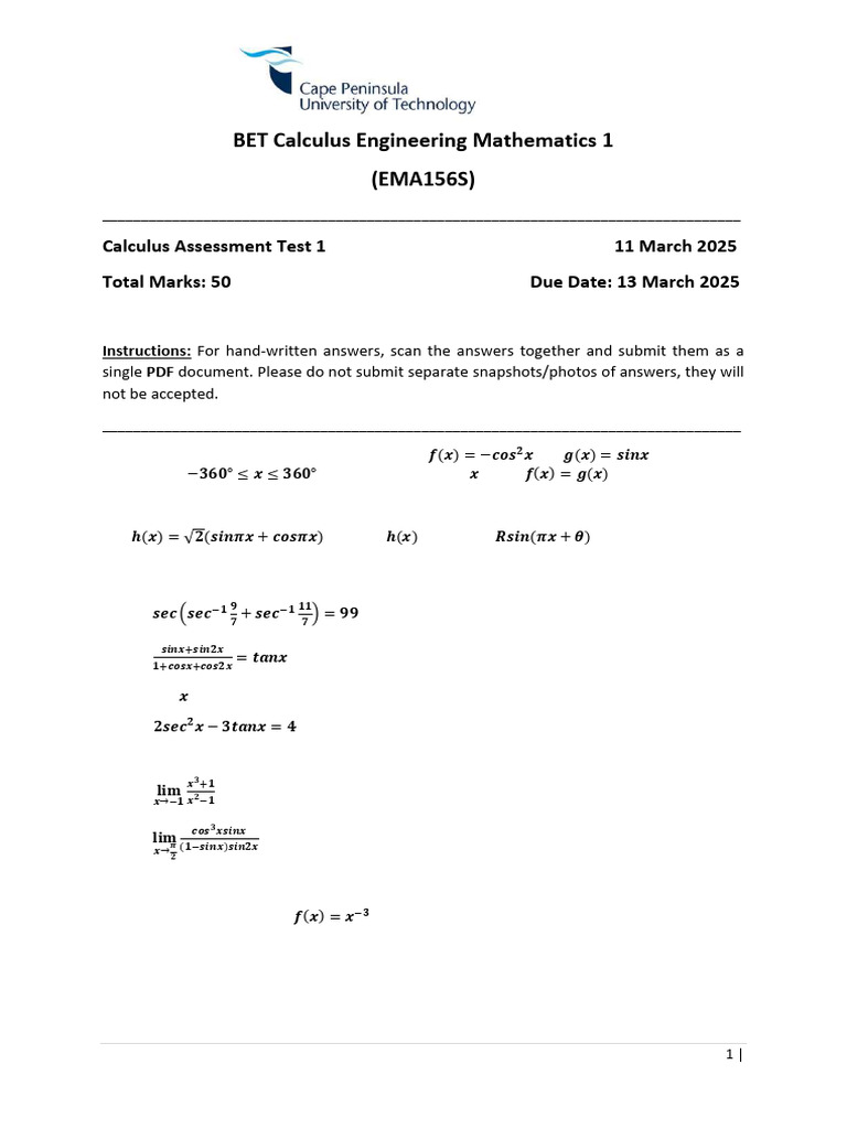 Calculus Assessment Test 1 Guide | PDF
