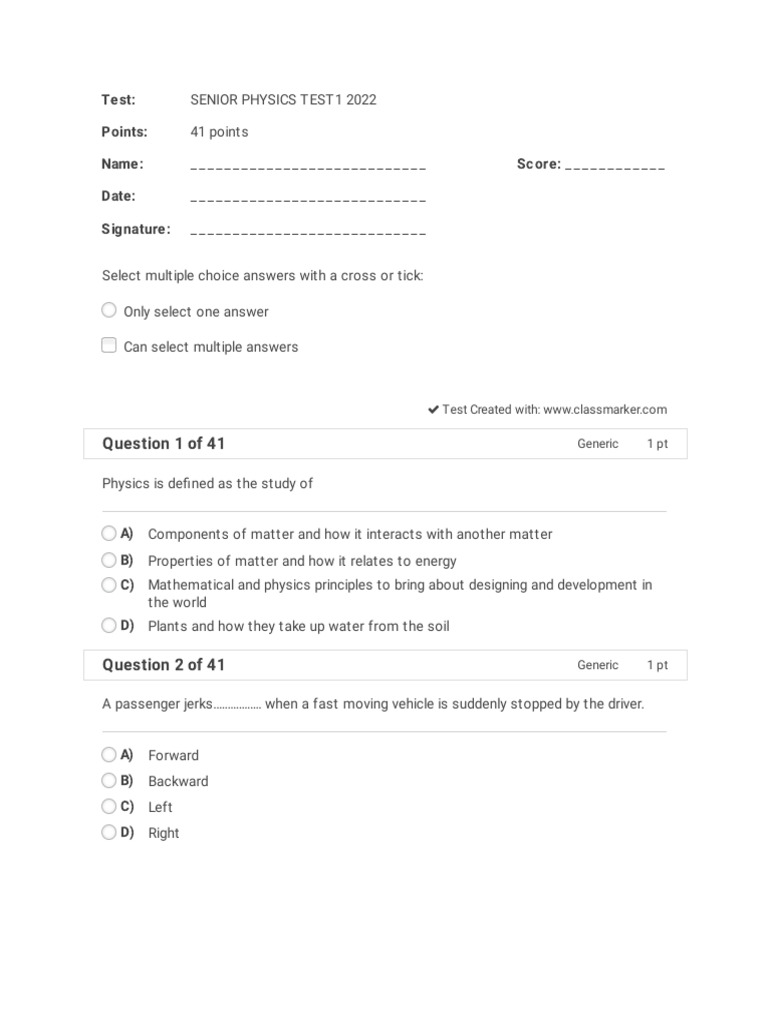 Senior Physics Test 2022 Questions | PDF | Velocity | Acceleration