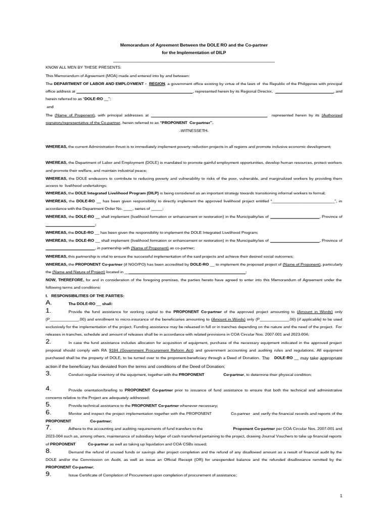 Annex R MOA Between The DOLE Regional Office and The Co-Partner For The ...