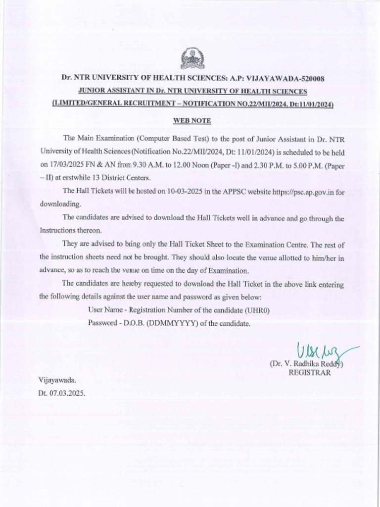 WEB NOTE - Junior Assistant Examination - Hall Tickets | PDF
