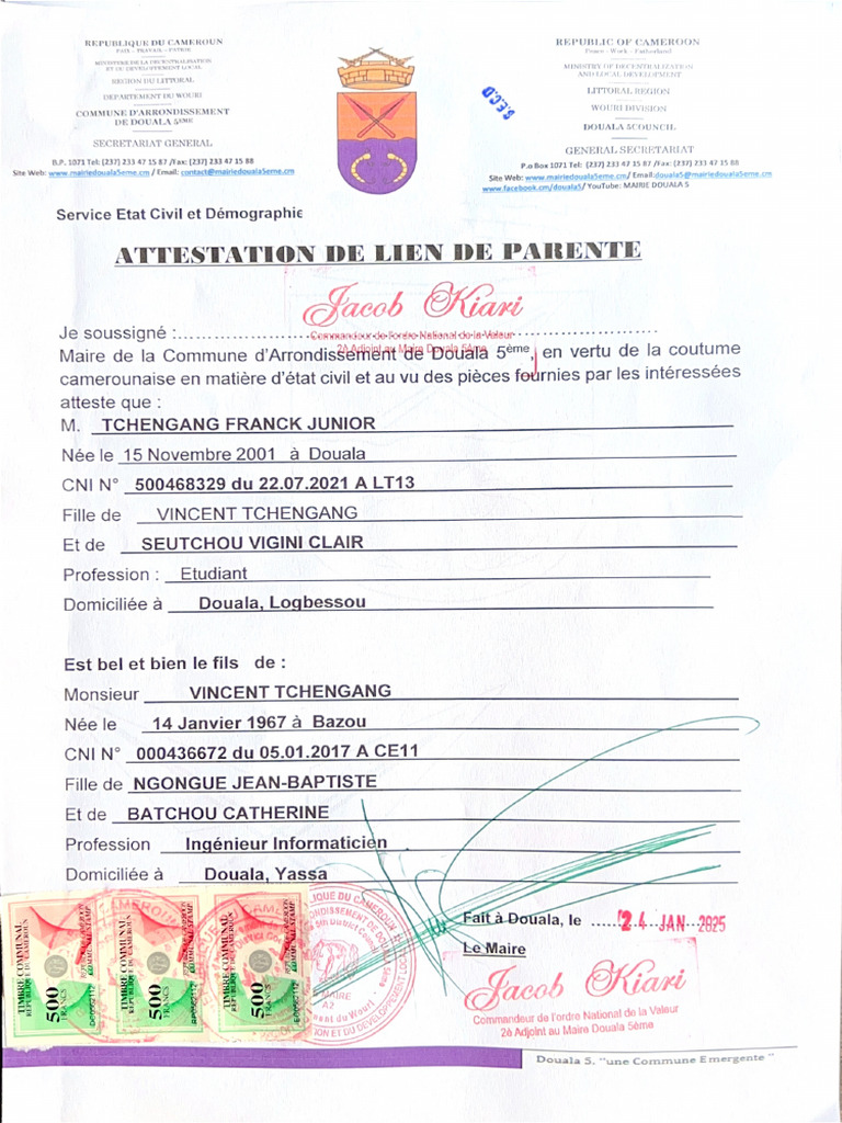 Attestation De Lien De Parenté Pdf