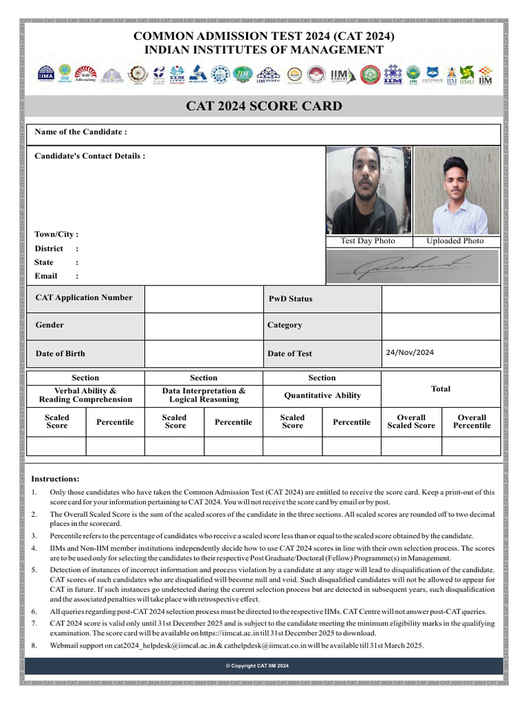 CAT 2024 Score Card Details | PDF | Tests | Evaluation Methods