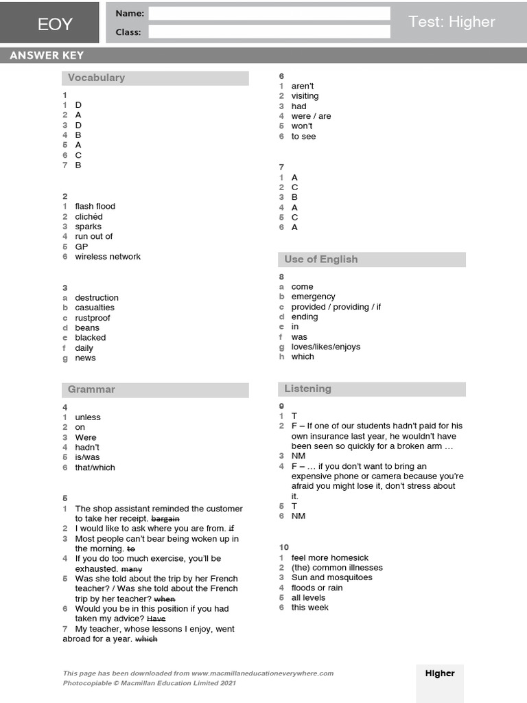 Higher Vocabulary and Grammar Test | PDF | Learning