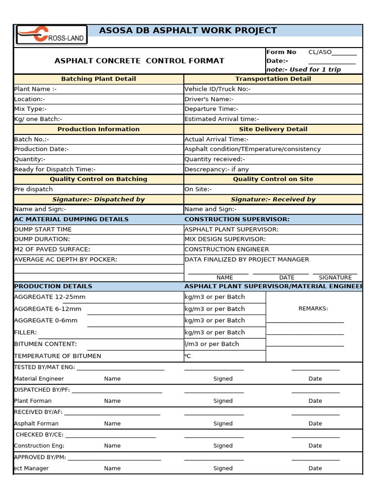 Asphalt Work Project Control Form | PDF | Floors | Concrete